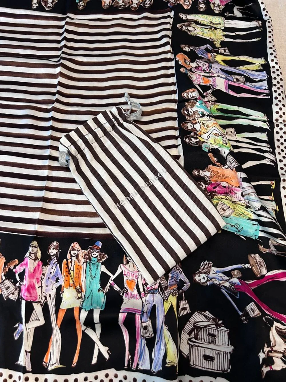Rare Henri Bendel Silk Bendel Girls Scarf Izak Zenou Fashion Illustration Pouch